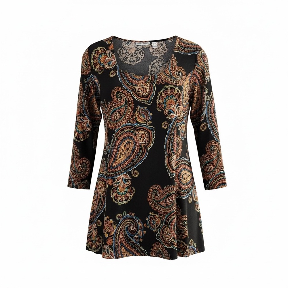 Susan Graver XL Paisley Square Neck Tunic Top Black Fall Boho 3/4 Sleeve EUC